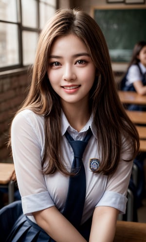 (raw photo:1.2), ((photorealistic:1.4)), best quality, masterpiece, extremely detailed, 8k wallpaper, 1 girl, medium_breasts, most beautiful girl, beauty model, stunningly beautiful girl, gorgeous girl, over sized eyes, big eyes, toothless smile, looking at viewer, long_hair, school_uniform, school_girl, school,