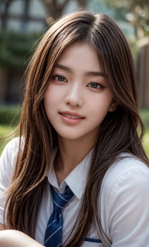 (raw photo:1.2), ((photorealistic:1.4)), best quality, masterpiece, extremely detailed, 8k wallpaper, 1 girl, full body, most beautiful girl, beauty model, stunningly beautiful girl, gorgeous girl, over sized eyes, big eyes, toothless smile, looking at viewer, long_hair, school_uniform, school_girl, school,IncrsNikkeProfile,Bomi,better_hands,Detailedface,More Detail