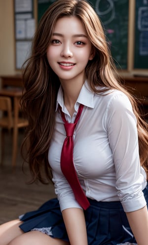 (raw photo:1.2), ((photorealistic:1.4)), best quality, masterpiece, extremely detailed, 8k wallpaper, 1 girl, medium_breasts, most beautiful girl, beauty model, stunningly beautiful girl, gorgeous girl, over sized eyes, big eyes, toothless smile, looking at viewer, long_hair, school_uniform, school_girl, school,