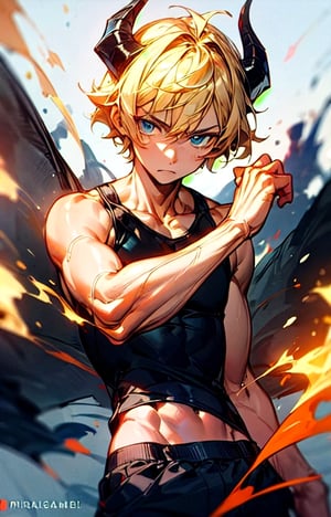 (metallic demon horns),  (shiny skin),  (masterpiece:1.4),  (best quality:1.4),  1 man,  (short blond hair:1),  blue eyes,  frown,  handsome face,  dressed in pants and a black tank top,  flame spell:2, ready to box,