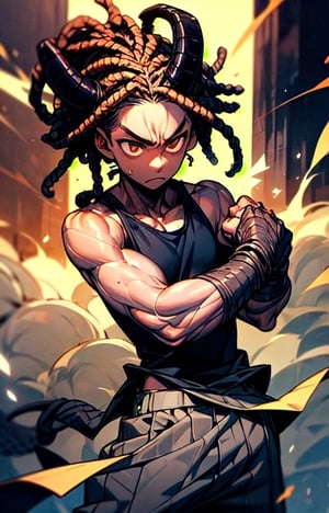(metallic demon horns),  (shiny skin),  (masterpiece:1.4),  (best quality:1.4),  1 man,  (short black dreads hair:1),  brown eyes,  frown,  handsome face,  dressed in pants and a black tank top,  thunder powers, ready to box,dreadlocks, fair black skin