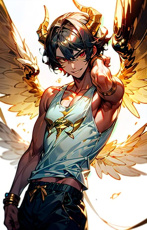 (metallic white and gold demon horns),  (shiny skin),  (masterpiece:1.4),  (best quality:1.4),  1 man,  (short black hair:1),  red eyes,  smirk,  handsome face,  dressed in pants and a white tank top,  light spell:2, 2 angelic white wings