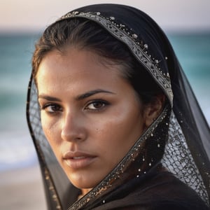 Imagine a colombian woman face angry in Hotel Tulum with a transparent black veil billowing gently in the sea breeze, she has no more clothes, only a veil.

With a Canon f 5.6 lens in hyper sharp detail, extreme close-up, before the sunset, large pores, angry, tired eyes, many skin, soft freckles imperfections, pinterest, instagram, veil billowing on the face, veil billowing on the face, scars, reflections in the eyes,