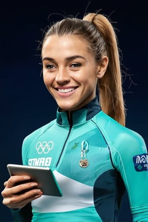 A close-up shot of a bright-eyed, smiling young woman, an Olympic athlete, wearing a sleek digital-designed uniform, her ponytail tied back with a miniature Olympic ring charm. She holds a tiny digital tablet, showcasing her personalized Olympic medal collection. Soft, golden lighting illuminates her face and the subtle gradient of blue and green hues on her uniform.