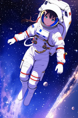 In a futuristic manhwa_style, the girl wearing a sleek astronaut suit floats weightlessly in the vastness of space, her face illuminated by the glow of distant stars as she explores the wonders of the universe.