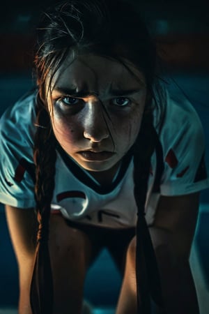 a lowkey portrait of a girl sad, wearing a sport uniform she is lose in the olympic image is dark and photorealistic