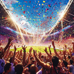 A chaotic yet jubilant scene unfolds as a crowd of ecstatic fans erupts in celebration following a thrilling football goal. Confetti rains down amidst the sea of smiling faces, with arms raised and hands clasped together in joy. The sun-kissed stadium's bright lights reflect off the ocean of colors, capturing the pure elation on each face.