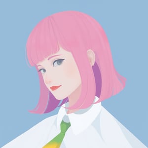 flat_art of portrait woman in pink hair, wearing white shirt green tie , with yellow gradient on her tie,  blue background