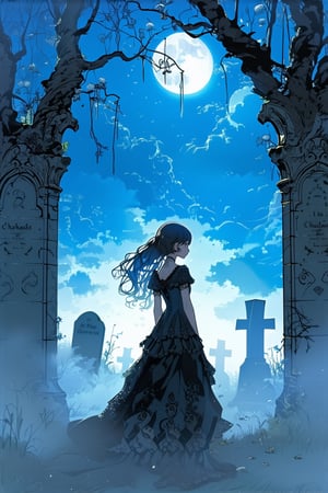 In a hauntingly beautiful manhwa_style, the girl in an elegant gothic dress stands amidst an ancient graveyard, her expression contemplative as she gazes at the moonlit sky, surrounded by mist and shadowy trees