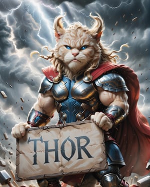 muscular cat blond hair and large )), (powerful cat in the form of the mythical god Thor, the god of thunder.), (((holding a sign with the text: "THOR"))), action-packed background