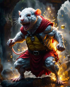 muscular White Rat RED hair and large as powerful comic charecter ))(( Fighting with a Large Rat in a cave, photorealistic, hyperrealism, 64k, cinamatic light, smoke, bubbles, acidzlime ))((Large Rat))((Wearing super hero dress)) (powerful Rat wearing yellow and red costume) ((comic Character)), action-packed background,ghost person,more detail XL, cinematic lighting, dark mood,extremly realistic,acidzlime