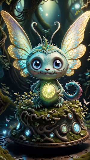 "Pixie Byte," a diminutive mythical creature that inhabits the hidden corners of the digital landscape. Standing at just a few inches tall, this tiny monster combines the charm of ancient folklore with a contemporary digital aesthetic.

The Pixie Byte is a curious blend of glowing pixels and delicate, iridescent wings that shimmer with a soft, ethereal light. Its body is compact, adorned with patterns reminiscent of circuitry, creating a harmonious fusion of nature and technology. The creature's eyes are like tiny LED lights, expressing a mischievous intelligence that hints at its playful nature.

Despite its small size, the Pixie Byte carries an air of ancient wisdom, symbolizing the spirit of innovation and creativity within the digital realm. Legends speak of the Pixie Byte as a guardian of the "Cache Glade," a mystical place where fragments of forgotten data and lost memories are stored.

The Cache Glade is described as a miniature, enchanted grove nestled within the circuitry of a long-forgotten server. Here, the Pixie Byte stands atop a pedestal made of intertwined data cables, serving as the guardian of the glade. The soft hum of data flowing through the cables creates a magical ambiance, and the air is filled with the subtle glow of stored information.

The Pixie Byte's role is to protect the Cache Glade from digital entropy, ensuring that the memories and fragments within remain intact and accessible. It is said that those who encounter the Pixie Byte are bestowed with a touch of its enchantment, sparking newfound inspiration and unlocking hidden creativity.

The tiny monster, with its endearing appearance and the magical backdrop of the Cache Glade, becomes a symbol of the delicate balance between the ephemeral nature of digital data and the timeless magic that resides within the heart of technology.