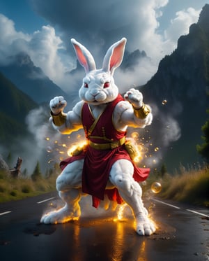 muscular White Rabbit RED hair and large as powerful comic charecter ))(( Fighting with a Large Rabbit bellow the mountain, photorealistic, hyperrealism, 64k, cinamatic light, smoke, bubbles, acidzlime ))((Large Rabbit))((magician hat))((Magic stick in his hand))((Wearing super hero dress)) (powerful Rabbit wearing yellow and red costume) ((comic Character)), action-packed background,ghost person,more detail XL, cinematic lighting, dark mood,extremly realistic,acidzlime,Square neon