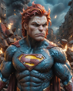 muscular cat RED hair and large )), (powerful cat in the form of the Super man , DC comic Character), action-packed background, heroic pose. Destroyed Athens , fire and ruble bacground,
dim volumetric lighting, 8k octane beautifully detailed render, post-processing, portrait, extremely hyper-detailed, intricate, epic composition, cinematic lighting, masterpiece, very very detailed, masterpiece, stunning Detailed matte painting, deep color, fantastical, intricate detail, splash screen, complementary colors, fantasy concept art, 8k resolution trending on Artstation Unreal Engine 5,chiaroscuro, bioluminescent,