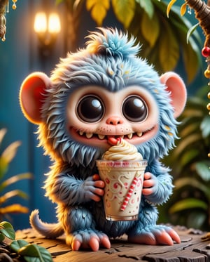 In a delightful scene, a cute monkey sips a milkshake with pure joy. Its furry face beams with delight, tiny hands tightly gripping the cup, and a whimsical straw held playfully between its lips. The vibrant swirls of the milkshake mirror the playful spirit of the mischievous monkey, creating a moment of adorable charm and blissful indulgence. Amidst a backdrop of tropical foliage, this charming primate enjoys a sweet escape, turning an ordinary sip into a heartwarming spectacle of innocent pleasure.,ral-chrcrts