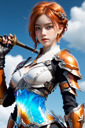 1girl, alone, short hair, navel, hold, weapon, braid, pointy ears, midriff, orange hair, armor, hand on hip, single braid, weapon, gauntlets, ship, hammer, shield, lolita mobile legends, giant hammer, shield,
realistic,
more details
16k,CG,maintain maximum image detail,high resolution,Anti Aliasing,particles,hyper realism,holografico,extremely detailed, crystallization, crystals, holographic, fragments,style,concept,RAW