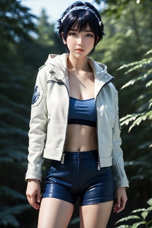 1 girl, looking at the viewer, (((WHITE EYES))), bandana around her neck, short hair, bangs, dark blue hair, wearing white leather jacket with braid details, long sleeves, closed mouth, standing, jacket , full body, dark blue pants, hood, blunt fringe, fur trim, blue sandals, standing on one leg, low hood, blue shoes, fighting stance, white eyes, toeless shoes, hyuuga hinata, fighting in a forest , skin, realistic, FULL BODY,
photon mapping
more details
16k, HDR, CG, 3D, maintain maximum image detail, photography, high resolution, Anti Aliasing, cinematic, particles, hyper realism, holographic, mecha, extremely detailed, crystallization, crystals, holographic, fragments, style, concept, RAW, Hinata Hyuga,3D,teengirlmix,more details XL