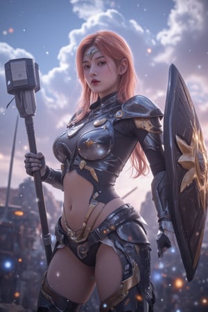 1girl, alone, short hair, navel, hold, weapon, braid, pointy ears, midriff, orange hair, armor, hand on hip, single braid, weapon, gauntlets, ship, hammer, shield, lolita mobile legends, giant hammer, shield ,fighting on a battlefield, realistic, more details 16k,CG,maintain maximum image detail,high resolution,Anti Aliasing,particles,hyper realism,holografico,extremely detailed, crystallization, crystals, holographic, fragments,style,concept
