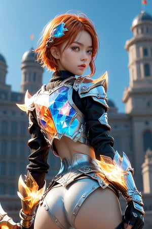 1girl, alone, short hair, navel, hold, weapon, braid, pointy ears, midriff, orange hair, armor, hand on hip, single braid, weapon, gauntlets, ship, hammer, shield, lolita mobile legends, giant hammer, shield ,fighting on a battlefield,
realistic,
more details
16k,CG,maintain maximum image detail,high resolution,Anti Aliasing,particles,hyper realism,holografico,extremely detailed, crystallization, crystals, holographic, fragments,style,concept,RAW,