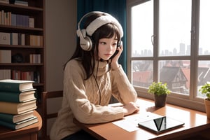 The scene is peaceful and relaxing, in the style of Gong Qijun's movies. A girl listens to music with ear-muff headphones on her head. The girl is sitting at a desk reading. There are books, a timer and an iPad on the desk. The girl is wearing winter clothes and the room has The large lattice-shaped windows inside have warm light sources, and you can see the city outside the window.