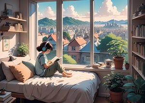 a peaceful and relaxing scene in the style of Hayao Miyazaki, with a girl listening to music on her headphones, sitting on a windowsill overlooking a city, with soft colors and bright lighting, some plants and books around her, and a dog sleeping on her lap,from outside window