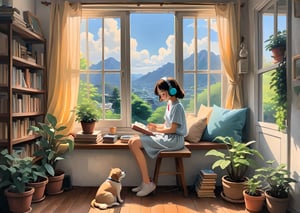 a peaceful and relaxing scene in the style of Hayao Miyazaki, with a girl listening to music on her headphones, sitting on a windowsill paint oil painting, with soft colors and bright lighting, some plants and books around her, and a dog sleeping on her lap,from outside window, oil painting