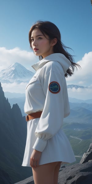 Beautiful girl standing by the top of mountain, by Artgerm, by beeple, by Studio Ghibli, volumetric lighting, octane render, polished, beautiful, HDR Unreal Engine 5 Lumen, cinematic, epic scene, white ambient background,Movie Still