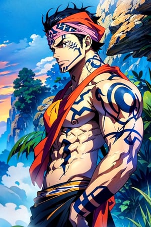 ((masterpiece, best quality)), man black_hair,shorthair,stoic,  jaw_line ,sukunatattoo,strong,shirtless,blue_bandana, sunset,,((TribalTattoos)),defined_muscles, olive_skin