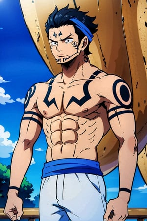 , ((masterpiece,best quality)), absurdres, man, black_hair, shorthair, stoic, sukunatattoo, best_quality, jaw_line, driving_ship, sukunatattoo, on_galleon, strong, shirtless, strong, blue_bandana