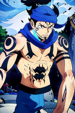  ((masterpiece, best quality)), absurdres, man, black_hair, shorthair, stoic, sukunatattoo, jaw_line, driving_ship, sukunatattoo, on_galleon, strong, shirtless, strong, blue_bandana, black_fists, glowing_fists