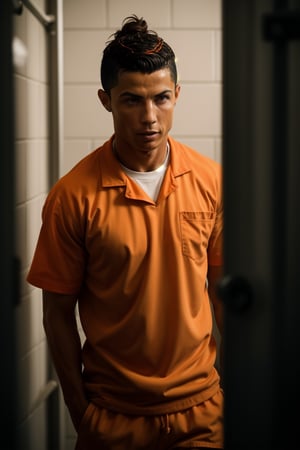 
((realism)), extremely high quality RAW photograph, detailed background, intricate, messy hair, Exquisite details and textures, highly detailed, Photo of (cristiano Ronaldo) in a prison cell, (wearing orange prison clothes:1.3), Looking away from the camera, ultra detailed photograph, warm lighting, artstation, 4k, sharp focus, high resolution, detailed skin, detailed eyes, 8k uhd, dslr, low harsh lighting, high quality, film grain