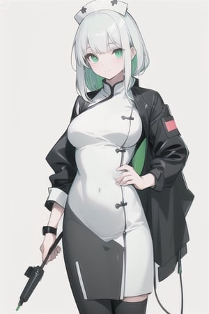 ((masterpiece)), ((best quality)), ((illustration)), 1 girl, solo, mature woman, character design, standing, simple white background, calligrapic, legins, nurse, chinese dres, soft smile, techwear, iridescent, neon green