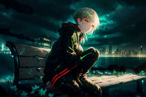 masterpiece, best quality, yofukashi background, cityscape, night, cloudy, 1girl, hands in pockets, black techwear, sitting on a bench,yofukashi background,marinadef,GlowingRunesAI_green