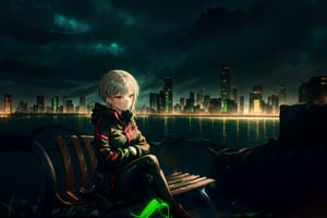 masterpiece, best quality, 4K, yofukashi background, cityscape, night, cloudy, 1girl, hands in pockets, black techwear, sitting on a bench,yofukashi background,marinadef,GlowingRunesAI_green