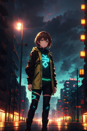 masterpiece, best quality, cloudy sky, cityscape, night, 1girl, brown short hair, confident look, techwear, standing, glowing green runes on body, yofukashi background, raining