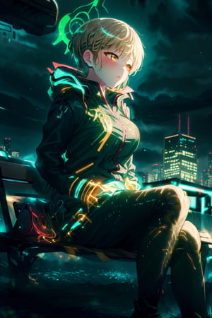 masterpiece, best quality, yofukashi background, cityscape, night, cloudy, 1girl, techwear, glowing golden runes, sitting on a bench, yofukashi background,marinadef,GlowingRunesAI_green