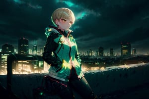 masterpiece, best quality, 4K, cityscape, night, cloudy, 1girl, techwear, hands in pockets, sitting on a bench,yofukashi background,marinadef,GlowingRunesAI_green