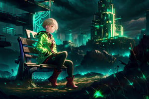 masterpiece, best quality, yofukashi background, cityscape, night, cloudy, 1girl, hands_in_pockets, black techwear, glowing green runes, sitting on a bench, yofukashi background,marinadef,GlowingRunesAI_green