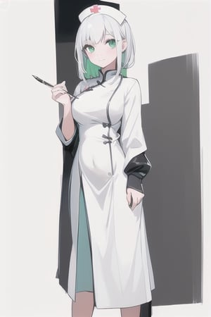 ((masterpiece)), ((best quality)), ((illustration)), 1 girl, solo, mature woman, character design, standing, simple white background, calligrapic, legins, nurse, chinese dres, soft smile, techwear, iridescent, neon green