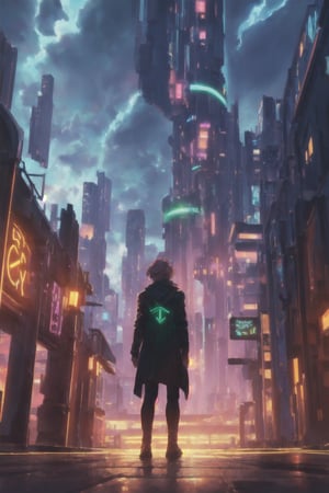 masterpiece, best quality, cloudy sky, cityscape, night, standing, glowing green runes,yofukashi background,CyberMechaGirl