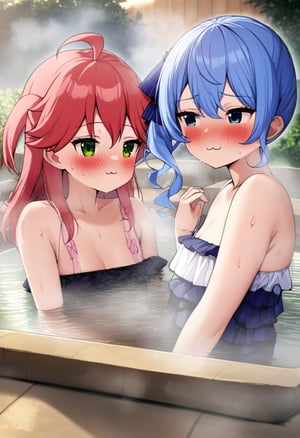two girls, sakura miko,suisei hoshimachi,blush,open-air bath,steam:3,masterpiece, highest quality, so beautiful, Absurd,

