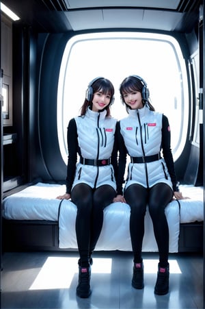 (masterpiece):1.2, best quality, (highly detailed:1.3), (2girls):2, 22yo, 170cm ,top instagrammer ladys,smile, (latex white bodysuit, headphone), (futuristic white color room with blue and white led lights):1.5, inside spacestation, cyberpunk room, (inside cyberpunk hotel room):1.3, sitting close together on bed, faces near each other, intimate pose, morning light, volumetric lighting, bing_astronaut, V-shaped eyebrows, astrovest:1.5, BREAK, black belt, black stocking, black tights, black long sleeve, BREAK, inside white spaceship background, astrovest, tnf_jacket, instagram-style composition, casual and natural posing