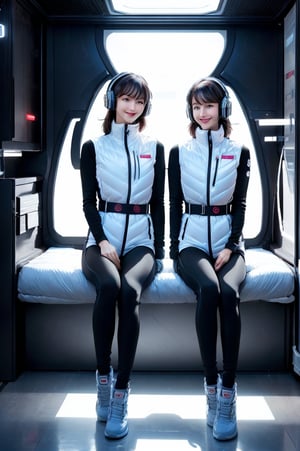 (masterpiece):1.2, best quality, (highly detailed:1.3), (2girls):2, 22yo, 170cm ,top instagrammer ladys,smile, (latex white bodysuit, headphone), (futuristic white color room with blue and white led lights):1.5, inside spacestation, cyberpunk room, (inside cyberpunk hotel room):1.3, sitting close together on bed, faces near each other, intimate pose, morning light, volumetric lighting, bing_astronaut, V-shaped eyebrows, astrovest:1.5, BREAK, black belt, black stocking, black tights, black long sleeve, BREAK, inside white spaceship background, astrovest, tnf_jacket, instagram-style composition, casual and natural posing