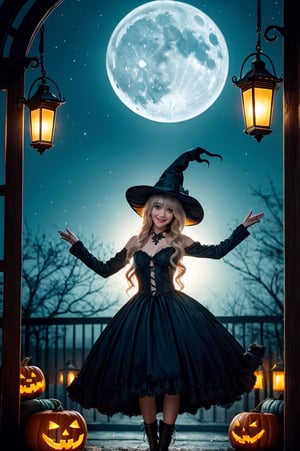 1girl, blonde hair, long hair, red eyes, witch hat, black dress, purple dress, halloween costume, frills, ribbons, pumpkin, black boots, glowing, magic circle, dark night, full moon, spooky mansion background, floating, dynamic pose, excited expression, happy, sparkles, magic effects, detailed background, high quality, masterpiece, best quality, black cat, halloween decorations, lanterns, detailed lighting, gothic atmosphere