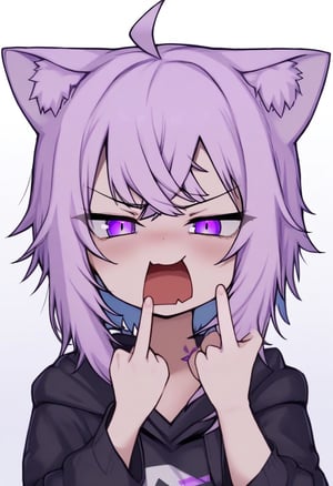 One girl, alone, okayu nekomata, (angry):0.2,Middle finger, open mouth,White Background, masterpiece, highest quality, so beautiful, Absurd,

