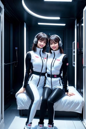 (masterpiece):1.2, best quality, (highly detailed:1.3), (2girls):2, 22yo, 170cm ,top instagrammer ladys,smile, (latex white bodysuit, headphone), (futuristic white color room with blue and white led lights):1.5, inside spacestation, cyberpunk room, (inside cyberpunk hotel room):1.3, sitting close together on bed, faces near each other, intimate pose, morning light, volumetric lighting, bing_astronaut, V-shaped eyebrows, astrovest:1.5, BREAK, black belt, black stocking, black tights, black long sleeve, BREAK, inside white spaceship background, astrovest, tnf_jacket, instagram-style composition, casual and natural posing