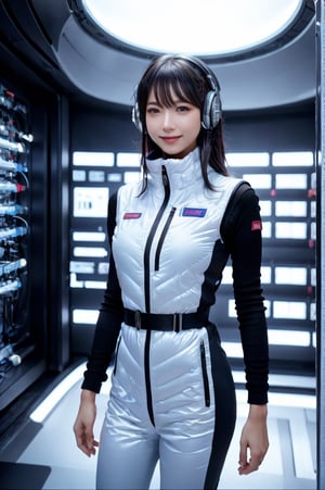 (masterpiece):1.2, best quality,(highly detailed:1.3),poatrait shot, upper body shot,smile,enjiy,headphone,BREAK white and blue bright futuristic spacestation cyberpunk laboratory, futuristic cylindrical pod, transparent glass capsule, 1lady,japanese idol girl,20yo,astrovest,white down vest,black tughts,black long sleeves,black belt,headphone,futuristic silver shiny latex bodysuit,bright suit,astronaut, futuristic space suit,artificial skin, standing pose, unconscious or sleeping state, minimal clothing, complex life support systems, wires and tubes, metallic textures, dark color palette, sci-fi atmosphere, monitoring devices, indicator lights, meters, labels and serial numbers, advanced research facility, control panels, touch screens, integrated machinery, ethical questions about human-technology fusion, post-apocalyptic undertones, corporate research and development themes, highly detailed,astrovest, dramatic lighting, 8k resolution --aspect 9:16