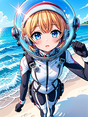 Extreme detail,masterpiece,anime illustration ,love_live style,1girl, beach, clear sky, blue sea, black_hair, short hair, bangs, large_eyes, pink_eyes,  (space helmet):4,(clear_helmet):3, neck seal,shiny wetsuit, black_bodysuit, red_accents, gloves, thigh_straps, looking_at_viewer, surprised_expression, bodysuit, sea_background, sunny, headphone,blonde hair,short hair,blue eyes,blush,bing_wetsuit,astrovest