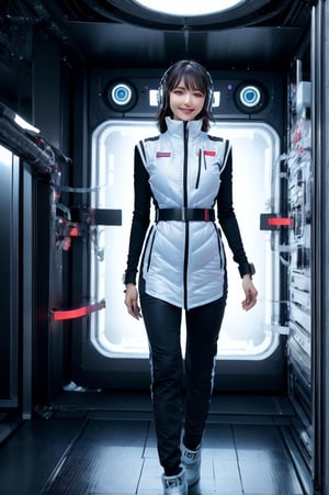 (masterpiece):1.2, best quality,(highly detailed:1.3),poatrait shot, upper body shot,smile,enjiy,headphone,BREAK white and blue bright futuristic spacestation cyberpunk laboratory, futuristic cylindrical pod, transparent glass capsule, 1lady,japanese idol girl,20yo,astrovest,white down vest,black tughts,black long sleeves,black belt,headphone,futuristic silver shiny latex bodysuit,bright suit,astronaut, futuristic space suit,artificial skin, standing pose, unconscious or sleeping state, minimal clothing, complex life support systems, wires and tubes, metallic textures, dark color palette, sci-fi atmosphere, monitoring devices, indicator lights, meters, labels and serial numbers, advanced research facility, control panels, touch screens, integrated machinery, ethical questions about human-technology fusion, post-apocalyptic undertones, corporate research and development themes, highly detailed,astrovest, dramatic lighting, 8k resolution --aspect 9:16