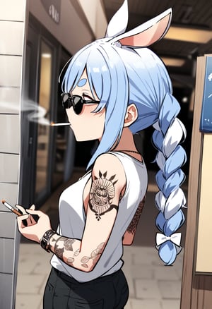 One girl, usada pekora,sunglasses, cigarette, (tattoo on arm):2,bar